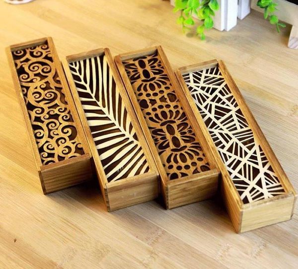 

100pcs vintage style convenient hollow wood pencil case jewelry storage box wooden organizer drawer pen holder schoo wholesale gift wrap