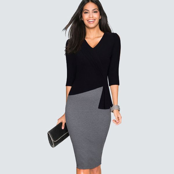 

dresses casual wear to work sheath slim bodycon office lady spring autumn women elegant v neck patchwork pencil hb333, Black;gray