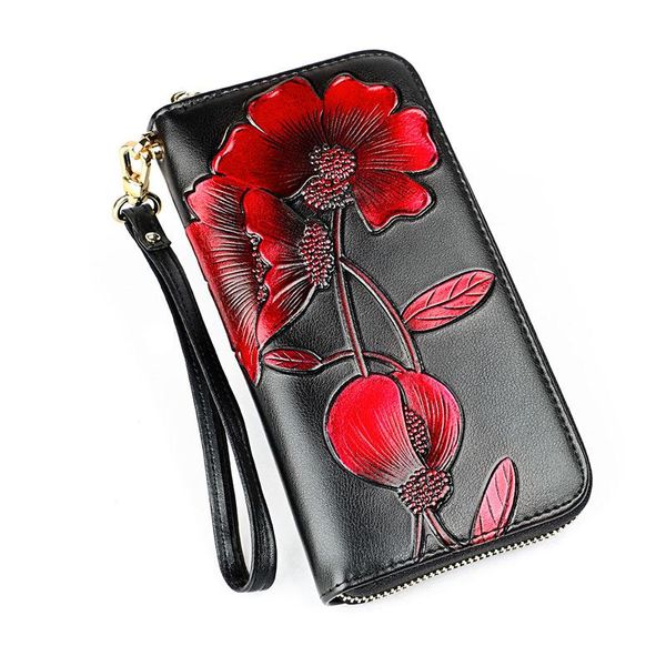 

wallets flower design women genuine leather rfid zipper long card wallet ladies coin purse female phone clutch bag, Red;black