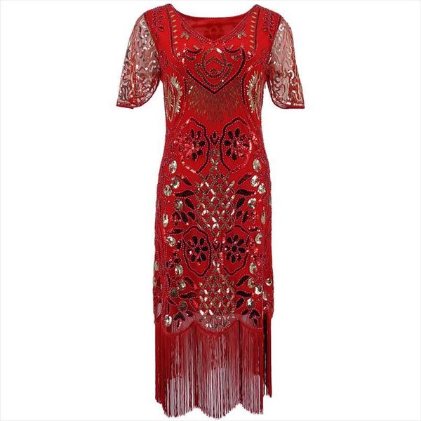 

Sequin Beaded Art Deco Womens Dresses Flapper 20s Gatsby Party Fringe V Neck Petal Sleeve Embroidery Midi, Black;gray