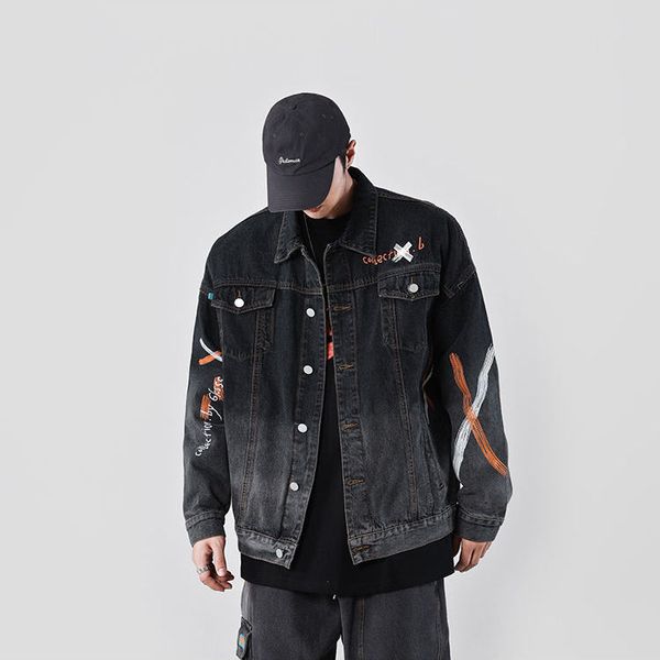 

ebaihui men's graffiti denim jacket spring autumn boys loose korean version jackets for student large size buttons coats, Black;brown