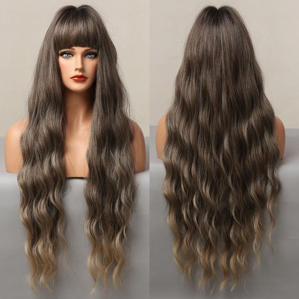 

synthetic wigs ombre black brown with full bangs long deep wavy for women cospaly daily party faker hair heat resistant