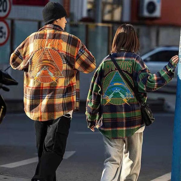 

high street angel plaid shirt loose back big letter embroidered thick woolen jacket, White;black