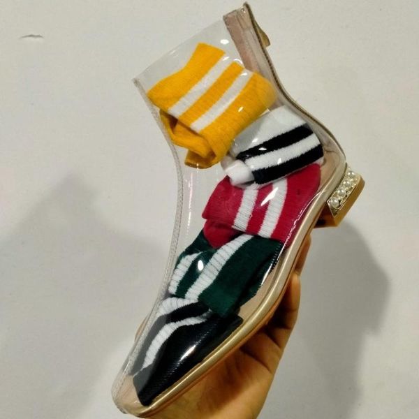 

womens pointy toe clear transparent ankle boots pearls heel shoes back zipper real leather 4colors 2021, Black