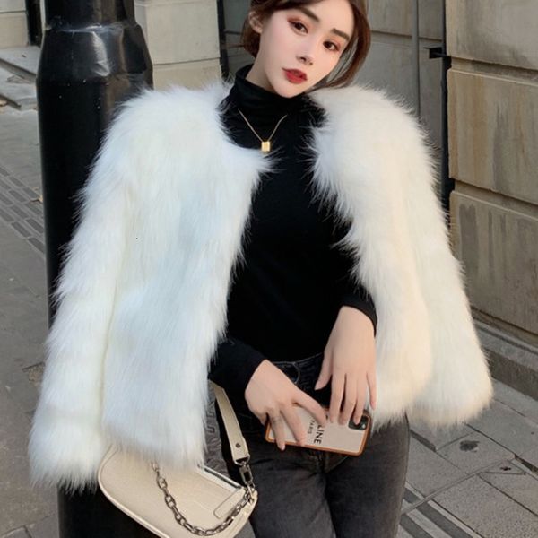 

women's wool & blends faux fur coats winter imitation coat korean pure color short ladies outwear female overcoat ep0p, Black