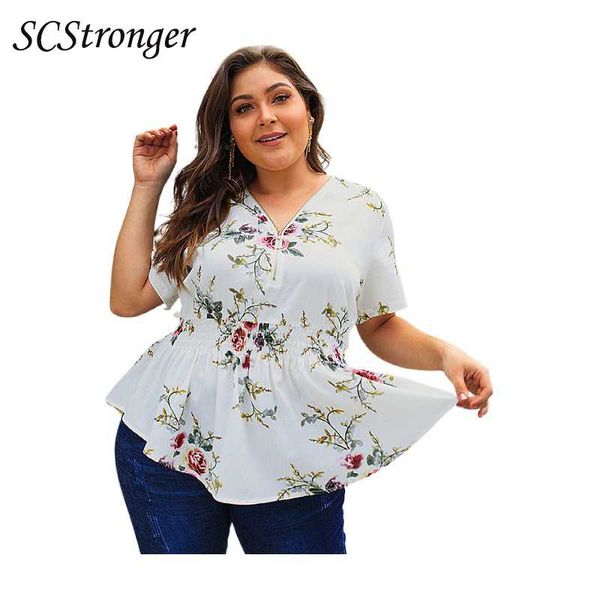

plus size t-shirt scstronger women's spring and summer v neck shirt elastic waist printing fashion loose blusas feminina verao 2021