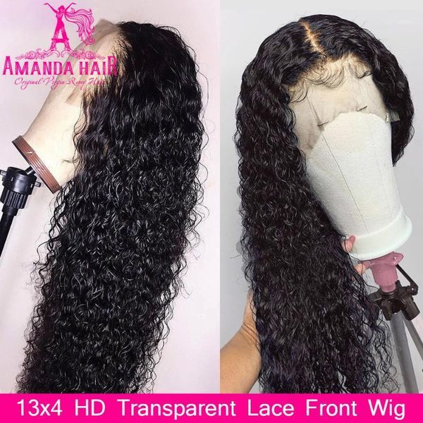 

curly human hair wig 13x4 lace front wigs brazilian hd transparent frontal amanda remy for black women1, Black;brown