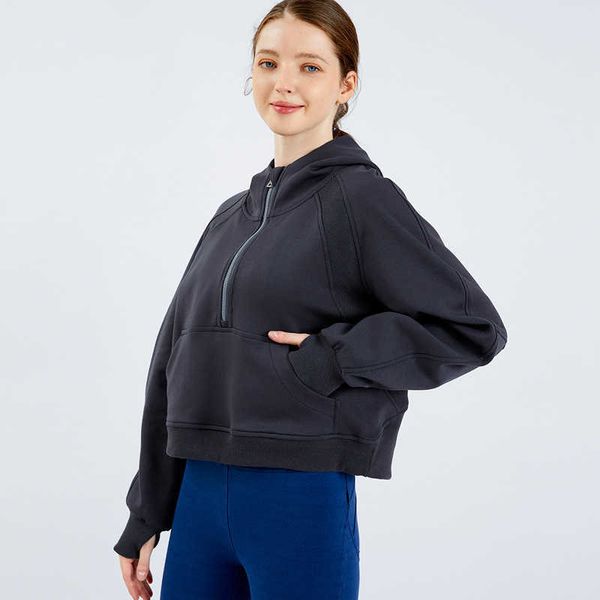 Semi-Reißverschluss-Pullover für Damen, Kapuzenpullover, Yoga-Outfits, lockere Mode, Freizeitmantel, Laufen, Fitness, Yoga, lässig, verdickte Fitnessstudio-Kleidung