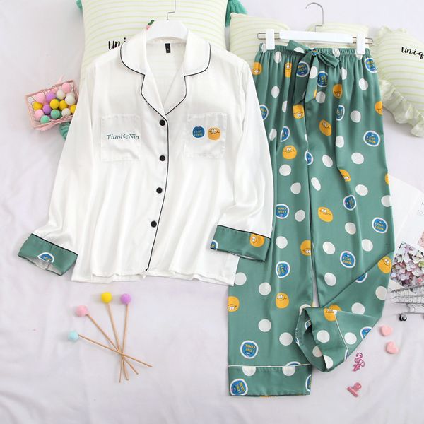 

women's sleepwear ice silk dot print fashion long sleeve suit pajamas loose pajama set satin chiffon soft touch pyjamas 2r3z, Black;red
