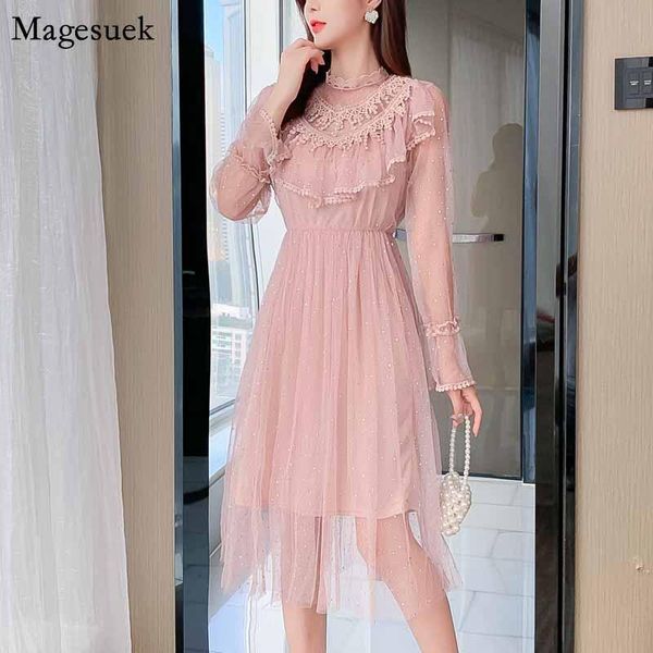 

casual dresses stand collar sweet korean mesh ruffled women dress white long sleeve lace autumn a-line naturl waist 12030, Black;gray
