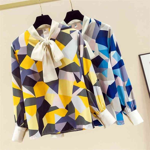 

autumn geometric color matching printed lace-up shirt female design sense niche chiffon long-sleeved women gx1413 210506, White