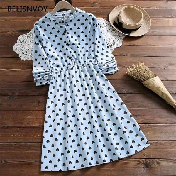 Herbst Winter Women Corduroy Kleid Female Vintage Heart Printed Langarmelastik Taille A-Line Kleider Elegant süße Vestidos 210520