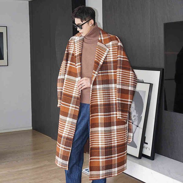 

men's long wool raincoat, vintage plaid casual coat, korean windbreaker, coat, Black
