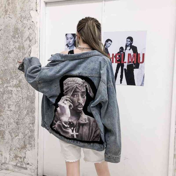 

women's jackets hip-hop streetwear character loose weaves denim jacket graffiti spring fall turn-down collar female outwear ogws, Black;brown