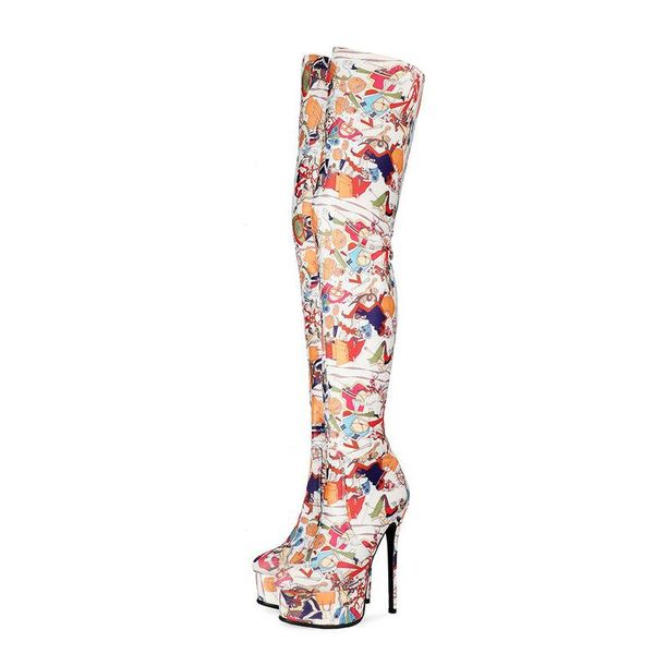 

boots fashion ladies thigh street graffiti color matching four seasons women shoes stiletto platform slim stretch, Black