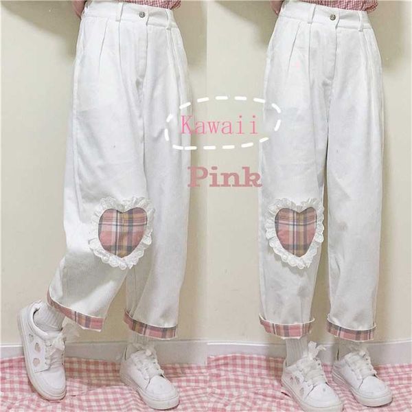 

japanese harajuku wild cute soft sister casual corduroy kawaii straight pants teen girls love heart patch loose students pants 211006, Black;white