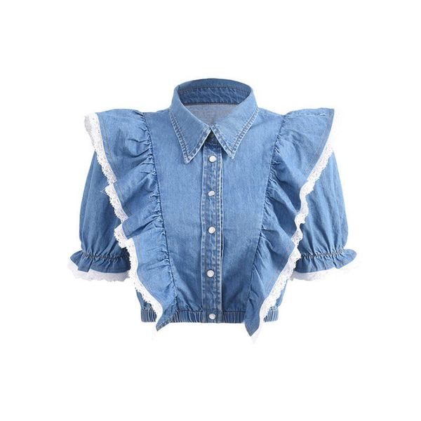

women's blouses & shirts brand crop women ruffles lace spliced denim shirt 2021 turn-down collar short sleeve single breasted blouse c, White