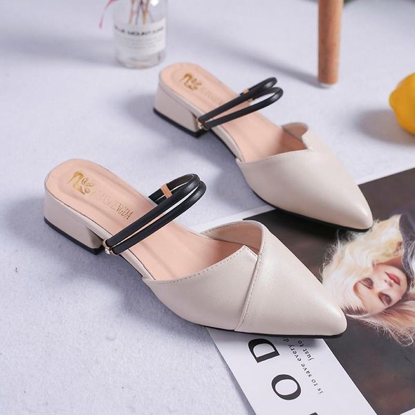 

slippers spring thick low heels cover pointed toe leather ladies shoes summer women woman mules plus size 42, Black