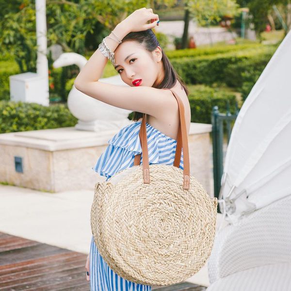 

evening bags rattan ladies shoulder bag round straw woven leisure wicker handbag fashion palm basket beach summer tote