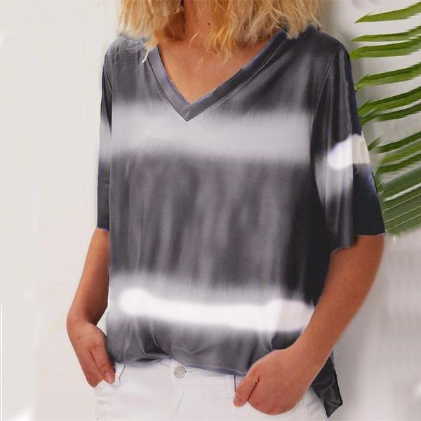

women's t-shirt gradient stripes printed t shirt women clothing harajuku v-neck short sleeves casual loose summer plus size tunic, White