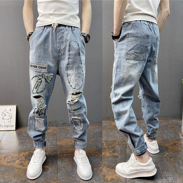 

spring and autumn men's pants with holes fashion big size drawstring jeans, Blue