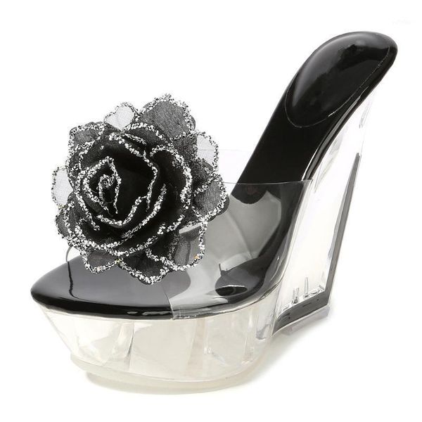 

slippers sdtrft summer ladies nightclub shoes woman sandals transparent flowers platform 14cm high-heeled wedges peep toe cute slipper1 954n, Black