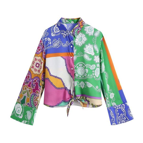 

women's blouses & shirts women 2022 fashion printed loose asymmetric vintage bow-knot long sleeve splicing female streetwear, White