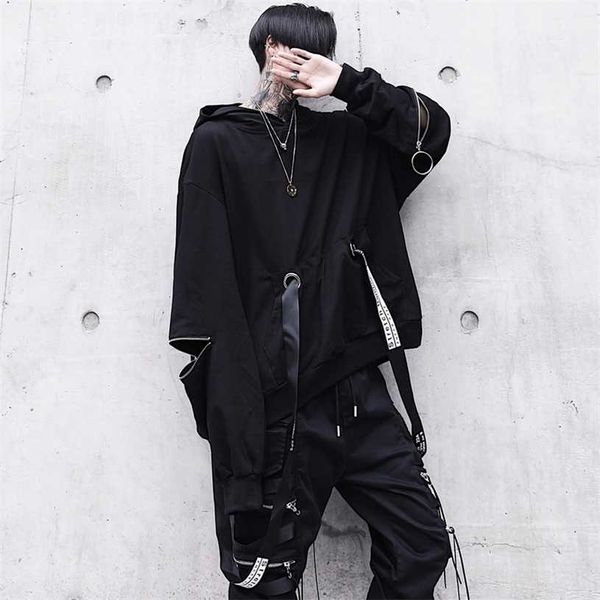 Houzhou Black Hoodie Goth Толстовка капюшон осенью Techwear Punk Gothic Wheetwear Thirems Streetwear Hip Hop Harhjuku 211229