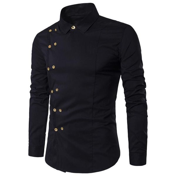 

spring shirts men personality oblique button irregular double breasted long sleeve male slim fit shirt men's casual, White;black