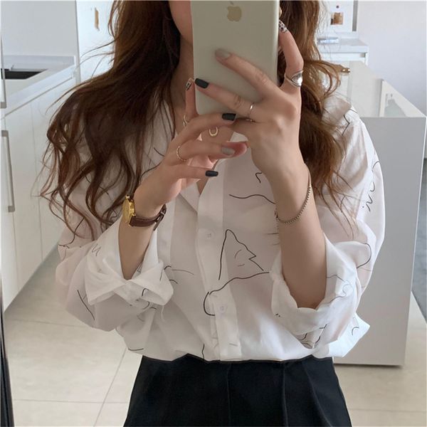 

women's jackets hzirip white printing french shirts full sleeves elegant retro korean streetwear casual chic loose all game dressed in, Black;brown