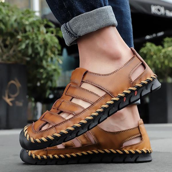 

sandals men breathable genuine leather outdoor beach shoes lightweight soft rubber footwear big size 48, Black