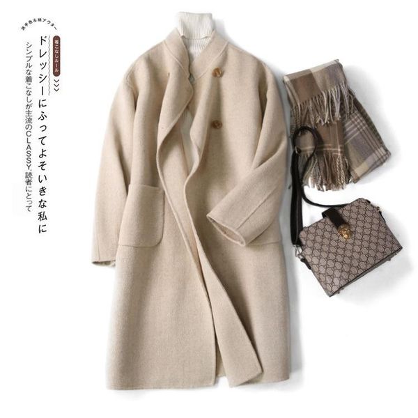 

women's wool & blends hand-stitched double-sided herringbone women 2021 autumn woolen coat clothing, Black