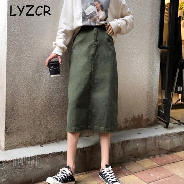 

skirts lyzcr vintage denim for women knee length saia jeans skirt midi a line high waist summer 2021, Black