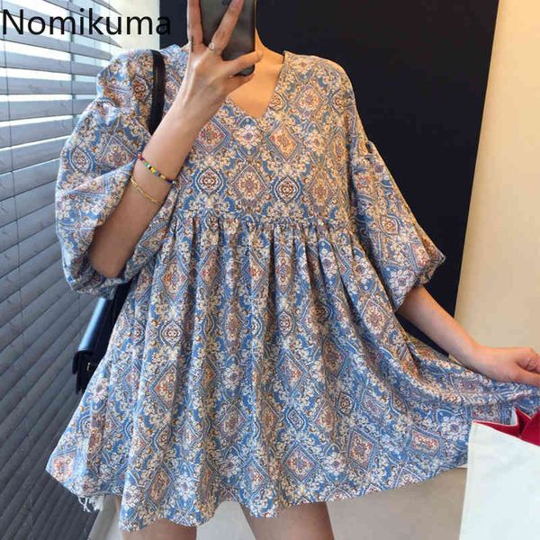

nomikuma korea chic vintage printing blouses causal v-neck half puff sleeve women doll shirt new sweet blusas 6g045 210427, White