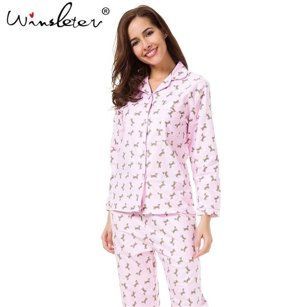 

pink pajama sets women cute dachshund print 2 pieces set long sleeve elastic waist pants brushed cotton pyjamas s7n002 210330, Black;red