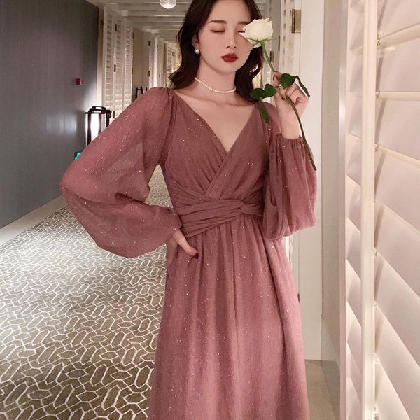 

casual dresses 2021 autumn frenchv-neck elegant party dress women long sleeve fairy star sequinsevening vintagedress korean fashion, Black;gray