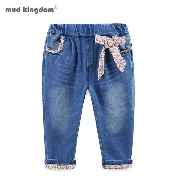 Mudkingdom Mädchen Jeans Mode Blumenband Schleife Baumwolle Lange Hosen Kinder Hosen für 210615