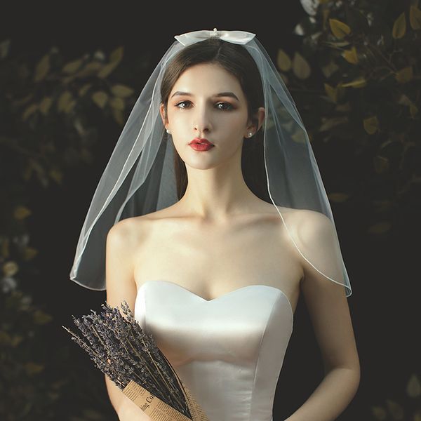 

v705 elegant short white bridal veil soft tulle ribbon edge wedding headdress with satin bowknot for bride, Black