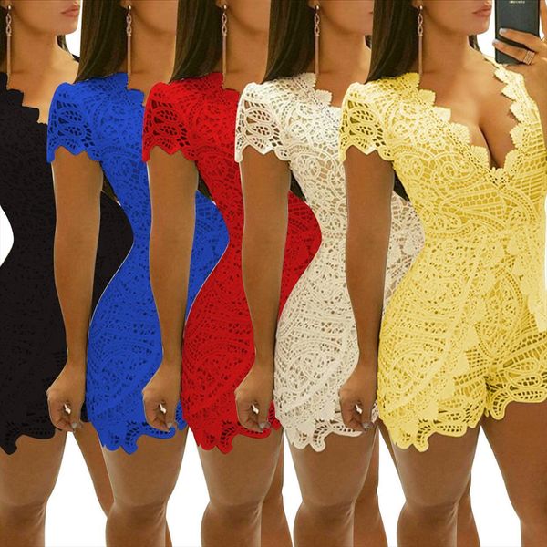 

lace v neck sleeveless womens jumpsuit bodycon playsuit short trousers 5 color romper fashion women clothing, Black;white