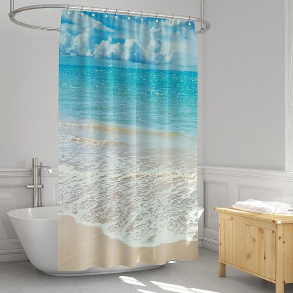 

shower curtains waterproof blue sea beach printing bathroom prevent peeping bath blackout screen door curtain with hooks 2*1.8m