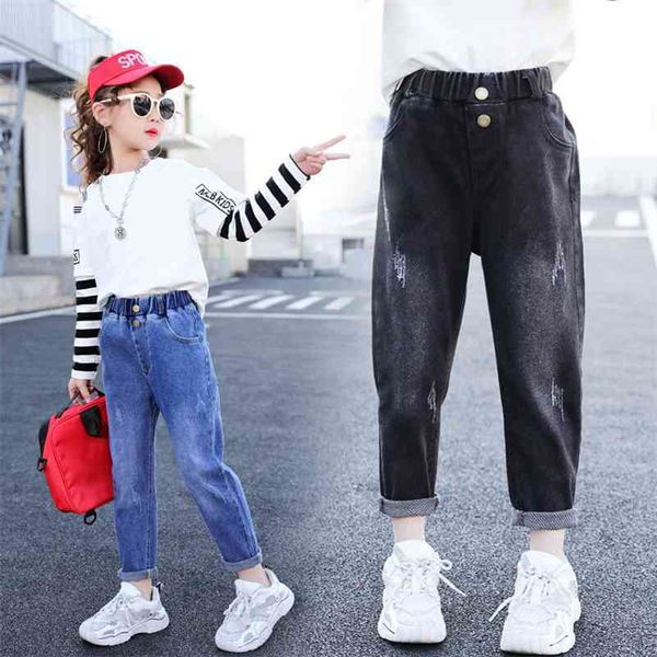 2021 Новые джинсовые брюки дизайн детей 4-13 лет сплошные черные высокие талии джинсы детская одежда девочки повседневные брюки упругие брюки 210317