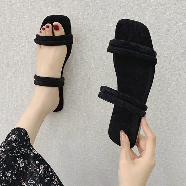 

sandals women's 2021 summer platform square toe ladies front and back straps shallow female fashion plus size concise outdoor, Black