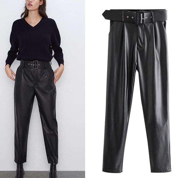 

women's pants & capris women chic black pu faux leather fashion high waist pockets ladies office trousers with belt casual pleated, Black;white