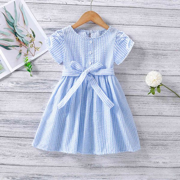 Sommerkleid Kinderkleidung Mädchen Lässiger gestreifter Gürtel Kurzarm für 2-6 Jahre alt 210515