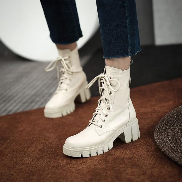 

boots 2021 autumn shoes women round toe platform genuine leather lace-up winter black/white motorcycle