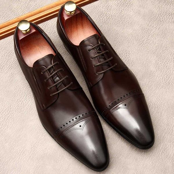 

dress shoes pointed toe men oxford genuine leather lace up fashion brogues formal wedding business italian design, Black