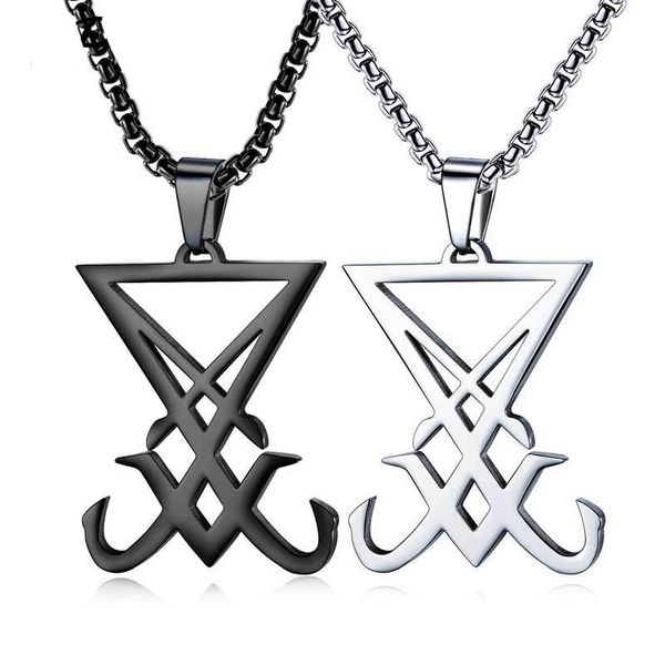 Anhänger Halsketten schwarz silberne Farbe Luzifer Halskette für Männer Sigil Satan Satanic Edelstahl Langkette 24 Zoll männlicher Schmuck