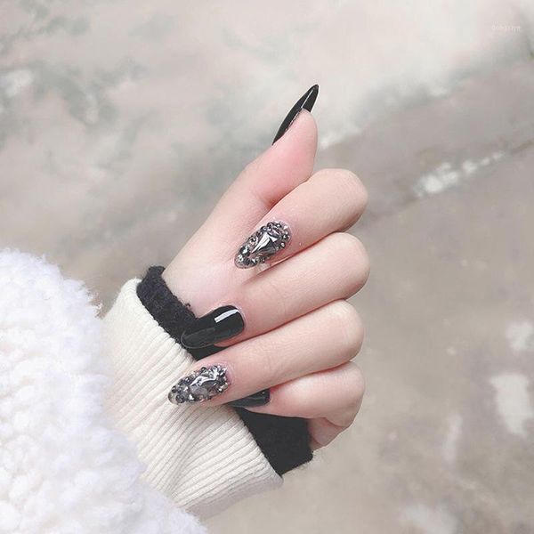 

24pcs black solid color fake nails long round ultra thin detachable shiny rhinestone false with adhesive tape glue sticker1, Red;gold