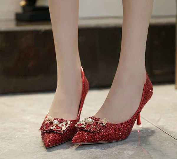 

dress quality fashion women pointed toe sequins pearls pumps woman prom high heels wedding shoes zapatos, Black