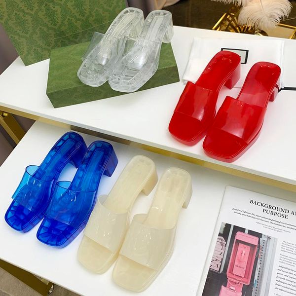 2021 Frauen Gummi Jelly Slide Hausschuhe Transparente Plattform Sandalen High Heels Weiß Blau Chunky Bottom Slopper Outdoor Strand Flip Flops Bonbonfarben mit Box